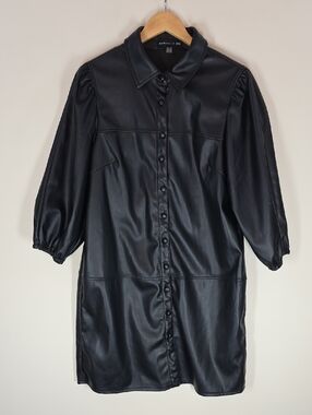 Bagatelle NYC Black Faux Leather Button-Front Shirt Dress Puff Sleeve Midi Sz M